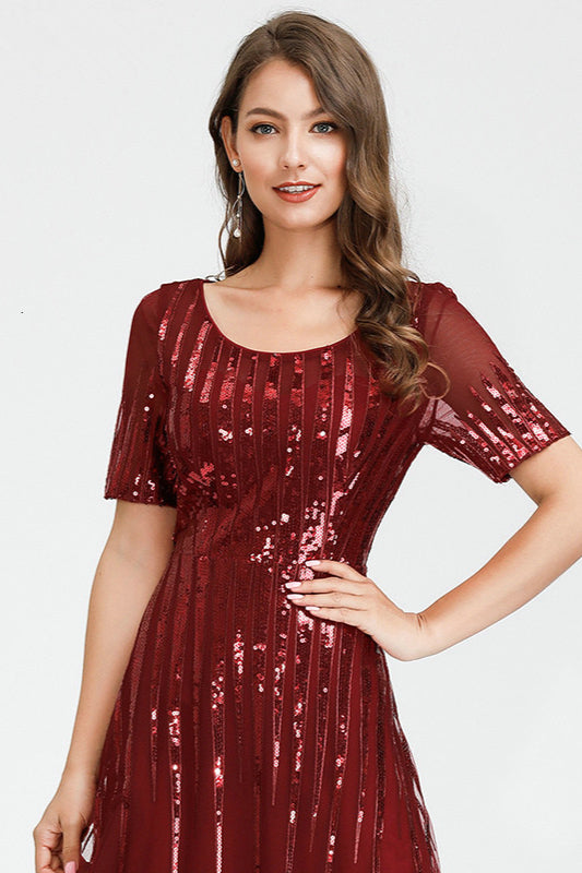 Burgundy Short Sleeve Sequin Prom Dress Online-BallBride