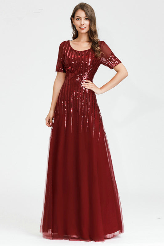 Burgundy Short Sleeve Sequin Prom Dress Online-BallBride
