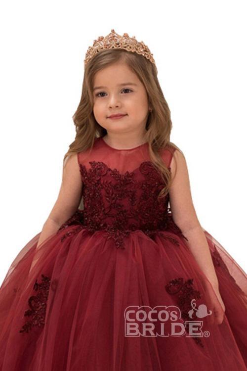 Burgundy Sleeveless Ball Gown Flower Girl Dress with Scoop Neck-BallBride