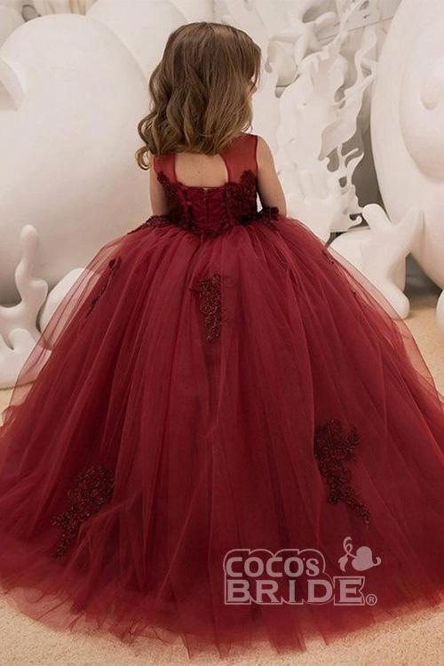 Burgundy Sleeveless Ball Gown Flower Girl Dress with Scoop Neck-BallBride