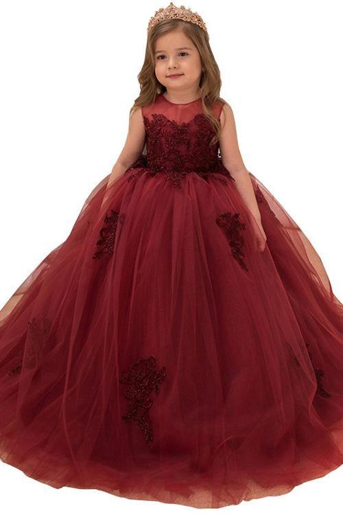 Burgundy Sleeveless Ball Gown Flower Girl Dress with Scoop Neck-BallBride