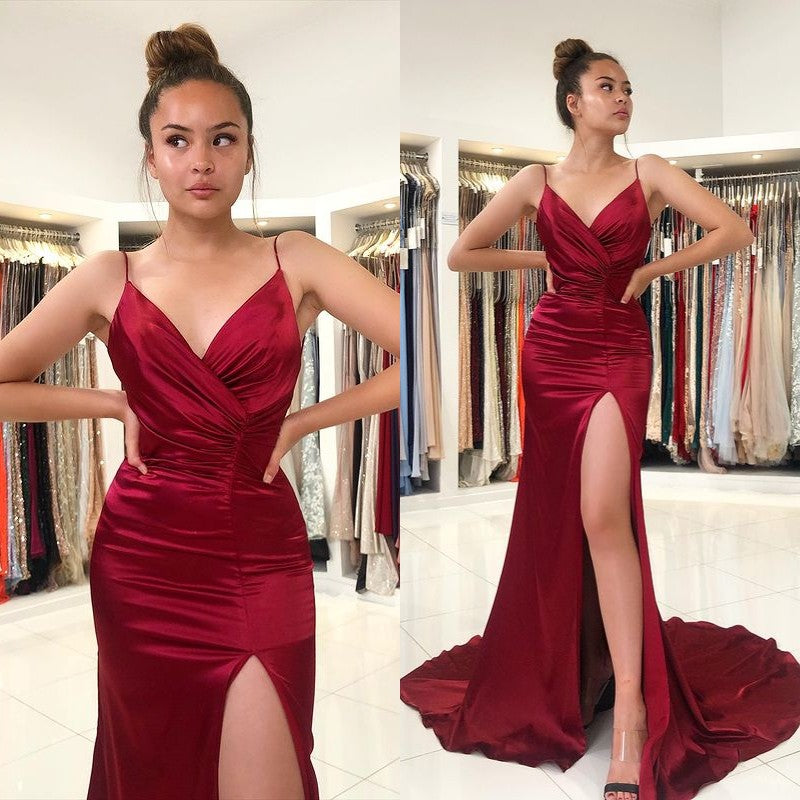 Burgundy Spaghetti-Strap Front Split Prom Dress-BallBride