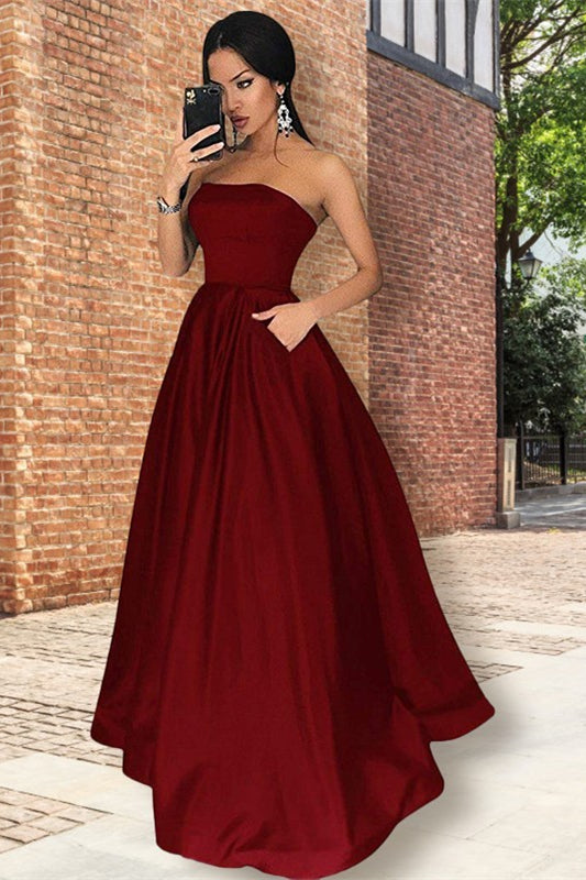Burgundy Strapless Prom Dress With Pockets-BallBride