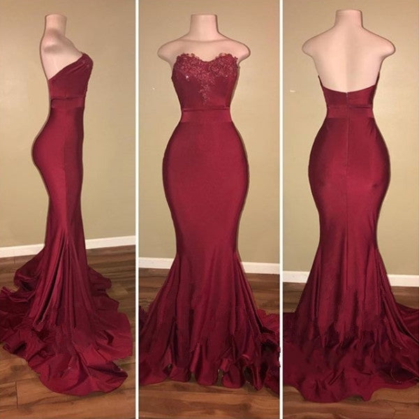 Burgundy Sweetheart Mermaid Open Back Appliques Prom Dress-BallBride