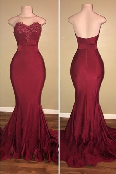 Burgundy Sweetheart Mermaid Open Back Appliques Prom Dress-BallBride