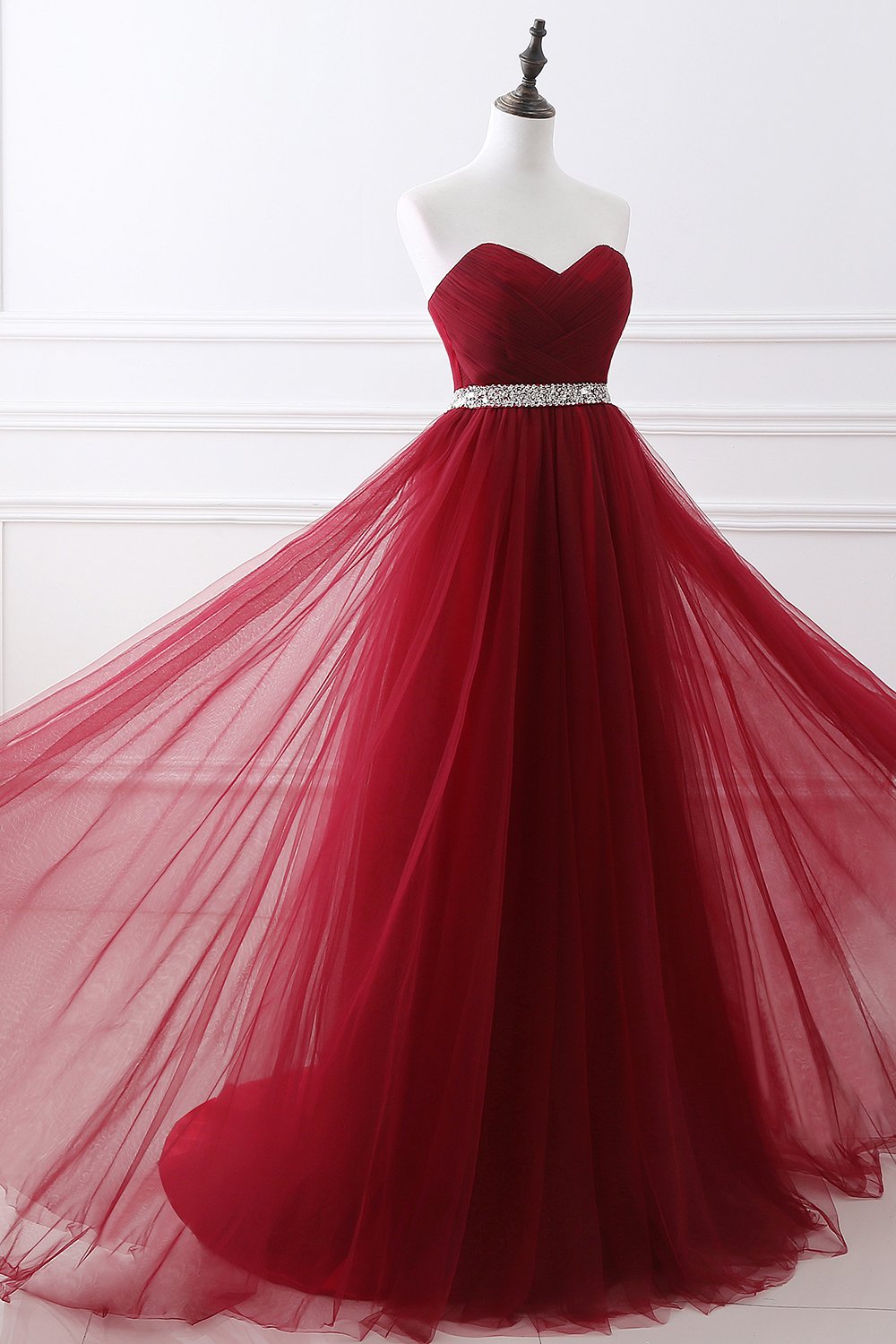 Burgundy Sweetheart Tulle Long Prom Dress with Crystal Accent-BallBride