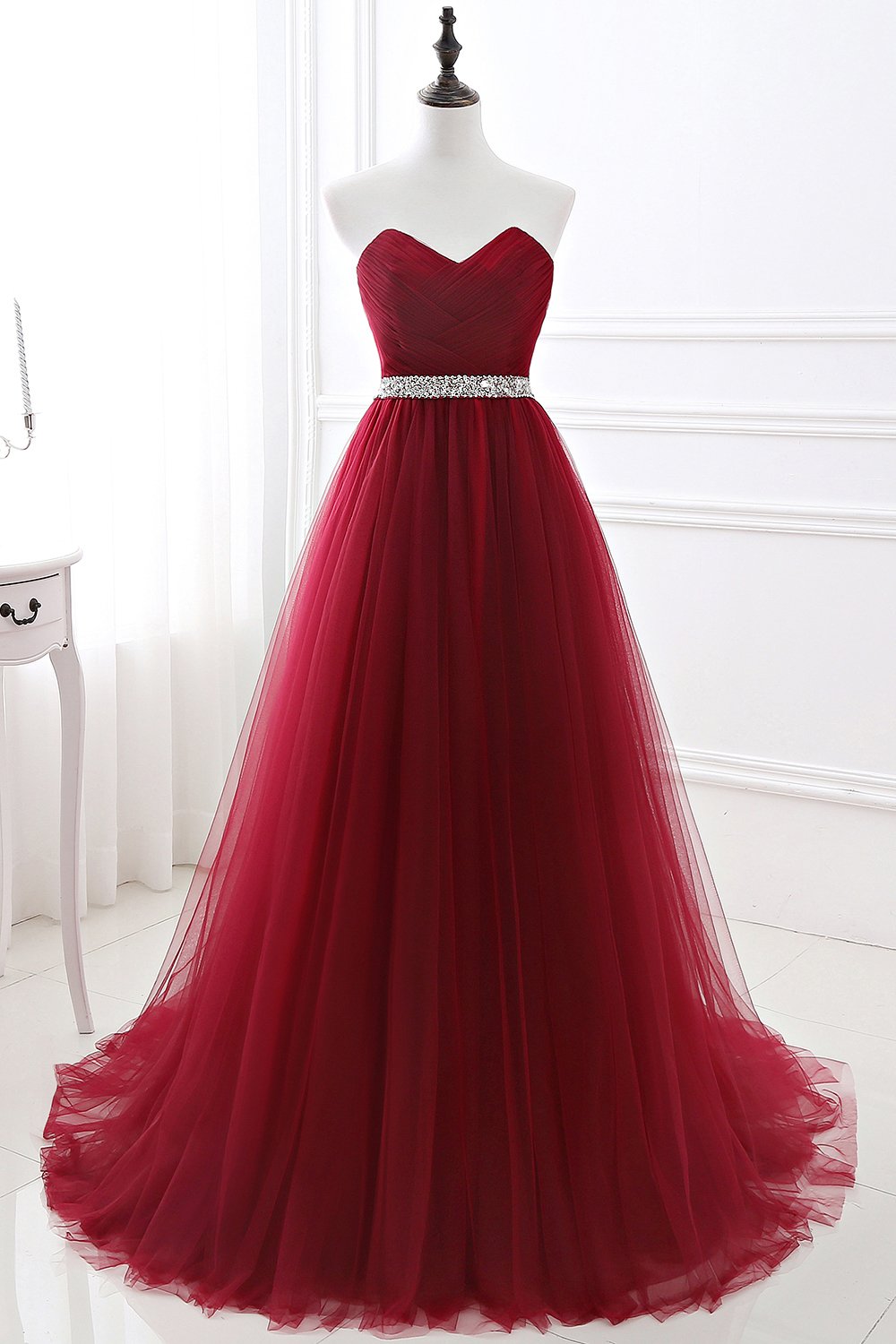 Burgundy Sweetheart Tulle Long Prom Dress with Crystal Accent-BallBride
