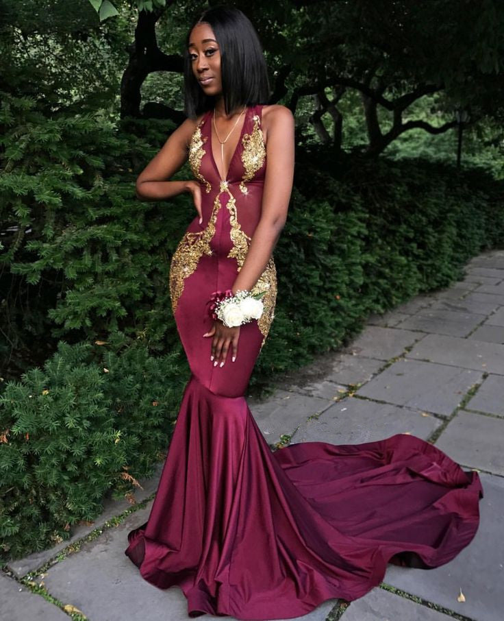 Burgundy V-Neck Sleeveless Appliques Fashion Prom Dress-BallBride