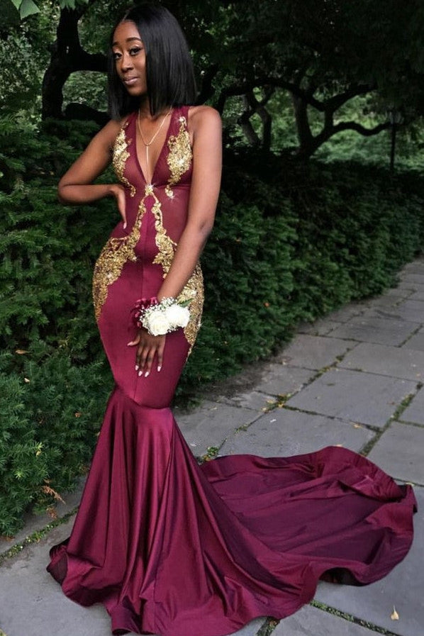 Burgundy V-Neck Sleeveless Appliques Fashion Prom Dress-BallBride