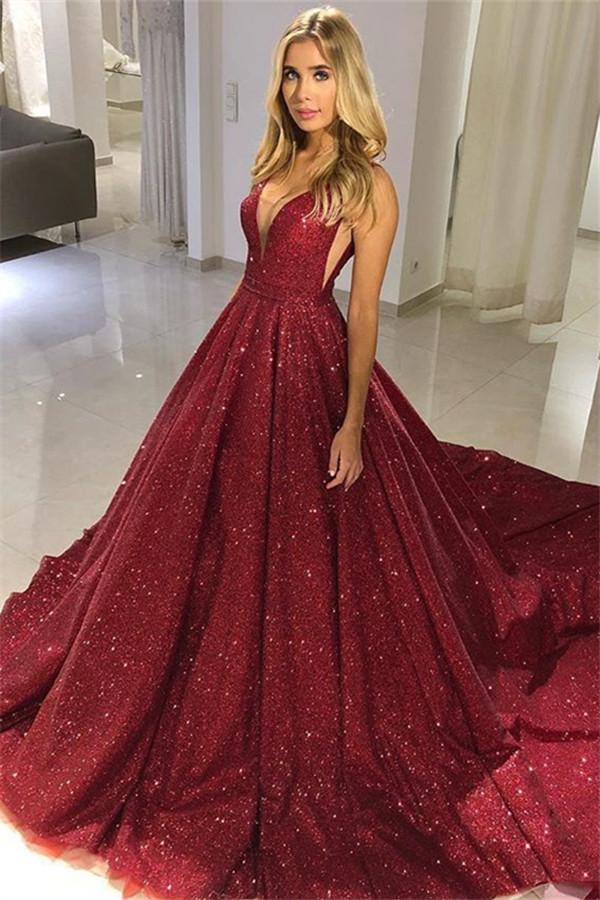 Burgundy V-Neck Sleeveless Princess Dress with Sequins-BallBride