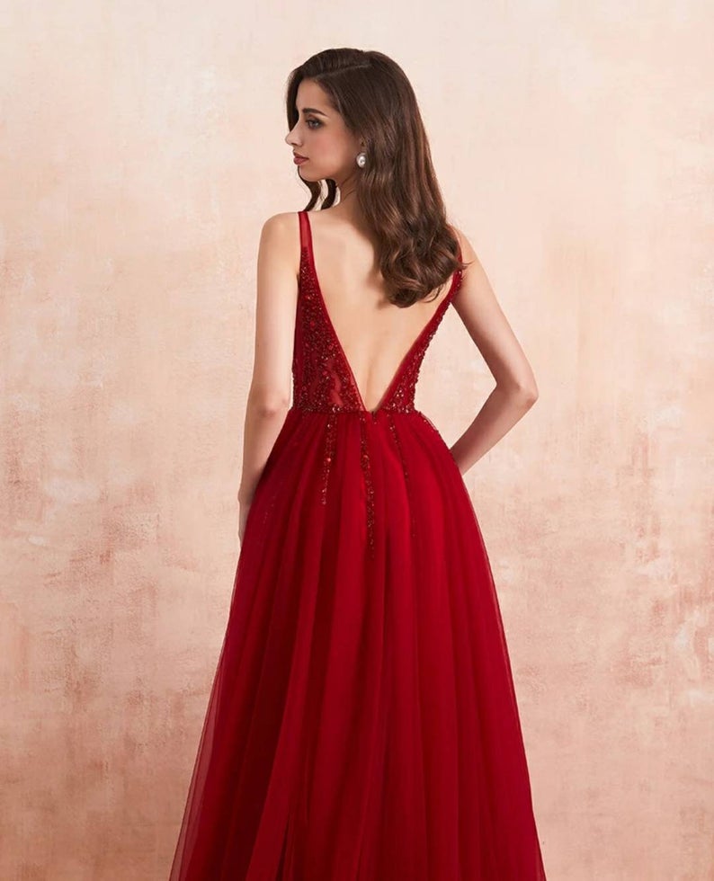 Burgundy V-Neck Sleeveless Split Evening Dress with Beads and Tulle-BallBride