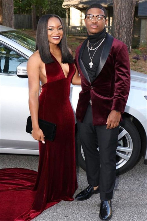 Burgundy Velvet Slim Fit Shawl Lapel Party Prom Suits-BallBride
