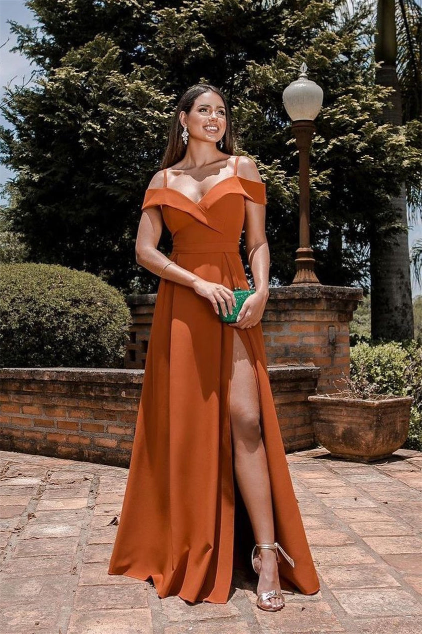 Burnt Orange Evening Dress with Sweetheart Split and Spaghetti-Straps-BallBride