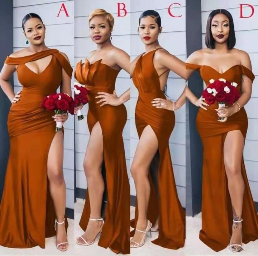 Burnt Orange Long Mermaid Satin Bridesmaid Dress with Split-BallBride