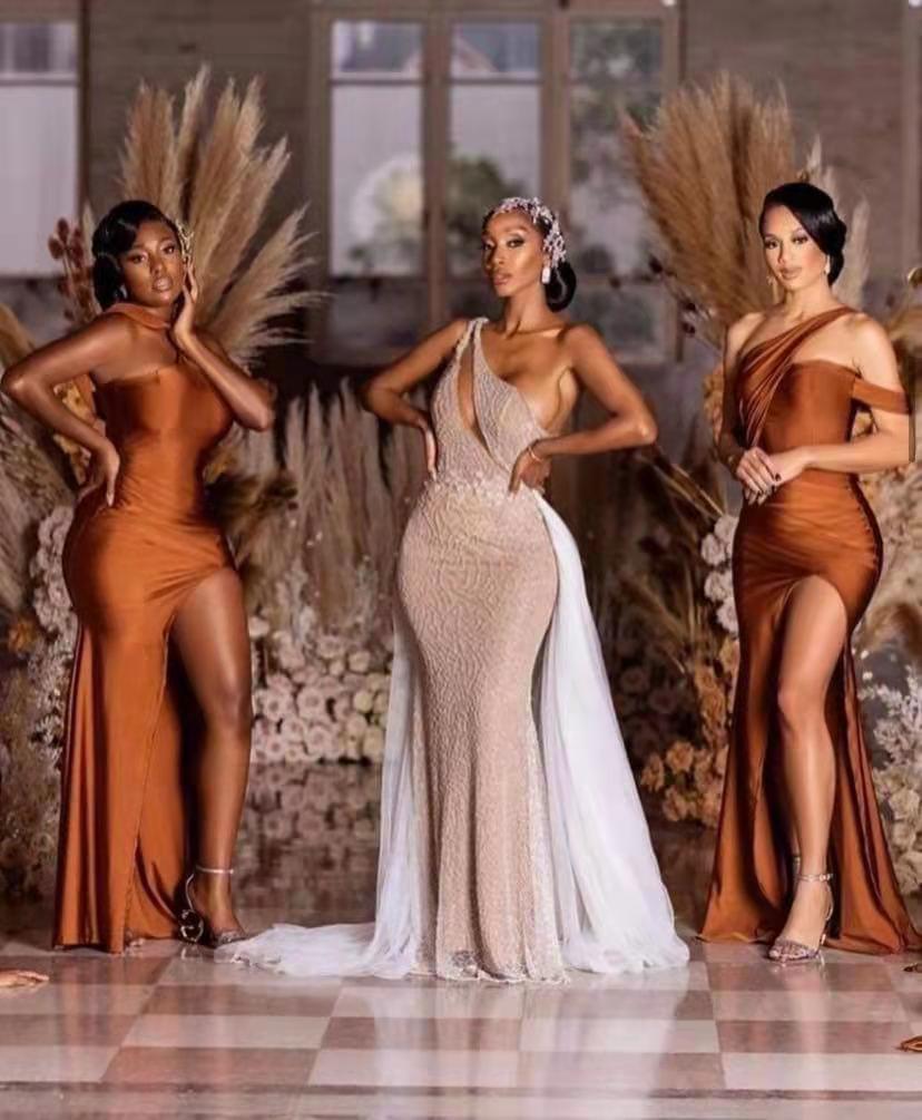 Burnt Orange Long Mermaid Satin Bridesmaid Dress with Split-BallBride