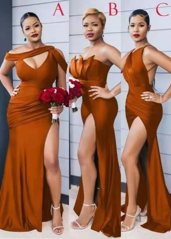 Burnt Orange Long Mermaid Satin Bridesmaid Dress with Split-BallBride