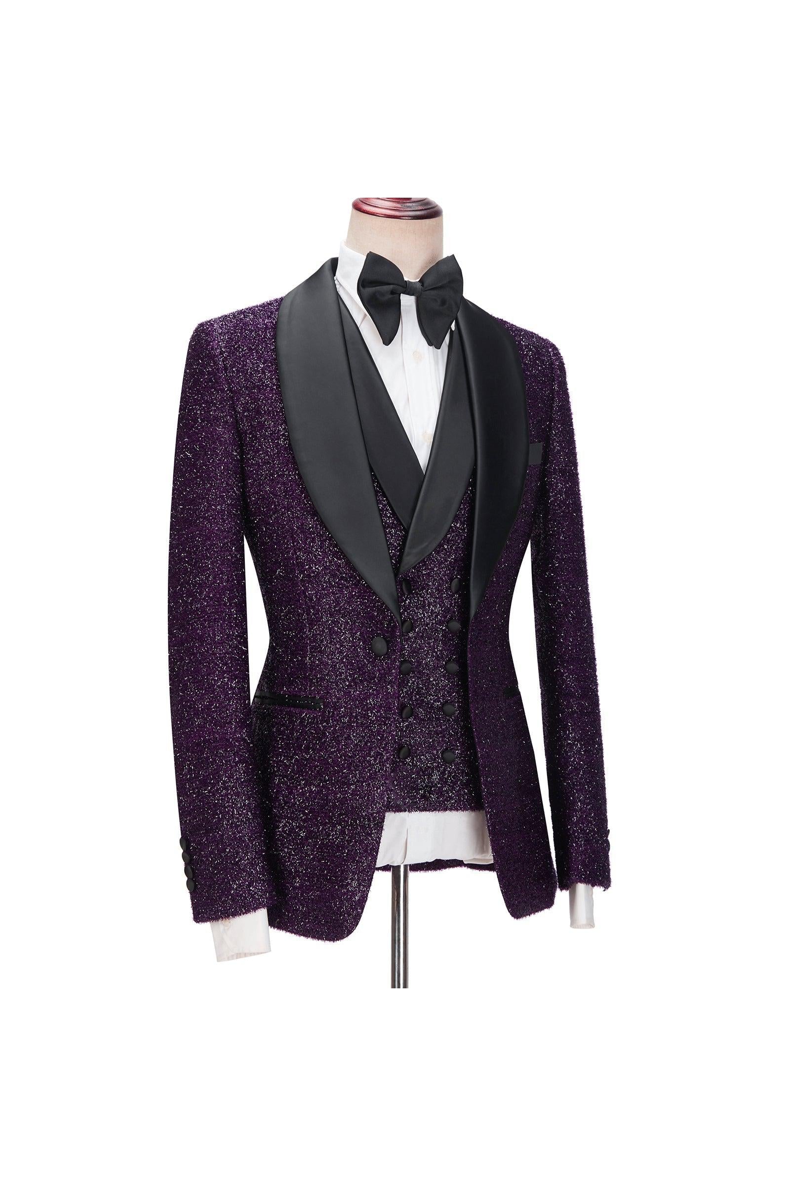 Caleb 3-Pieces Men Suits - Dark Purple Sparkle Shawl Lapel-BallBride