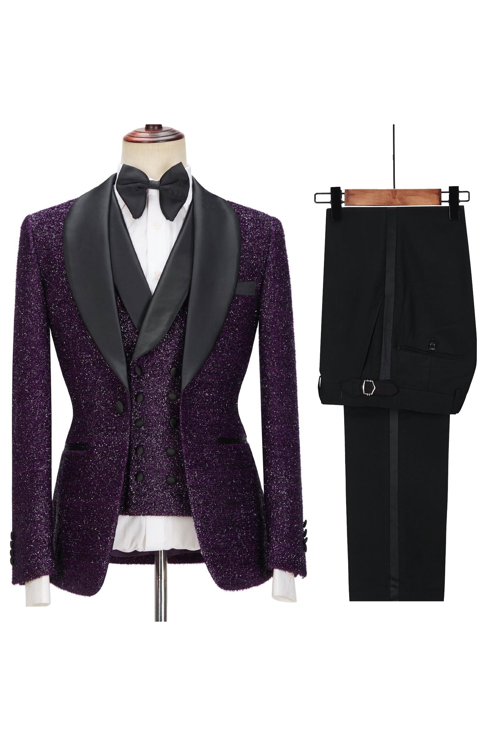 Caleb 3-Pieces Men Suits - Dark Purple Sparkle Shawl Lapel-BallBride