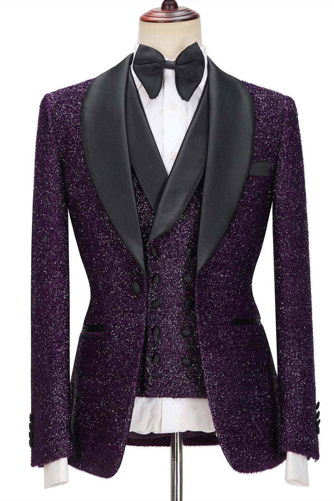 Caleb 3-Pieces Men Suits - Dark Purple Sparkle Shawl Lapel-BallBride