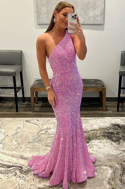 Candy Pink Backless Sequins Sheath One Shoulder Prom Dress-BallBride