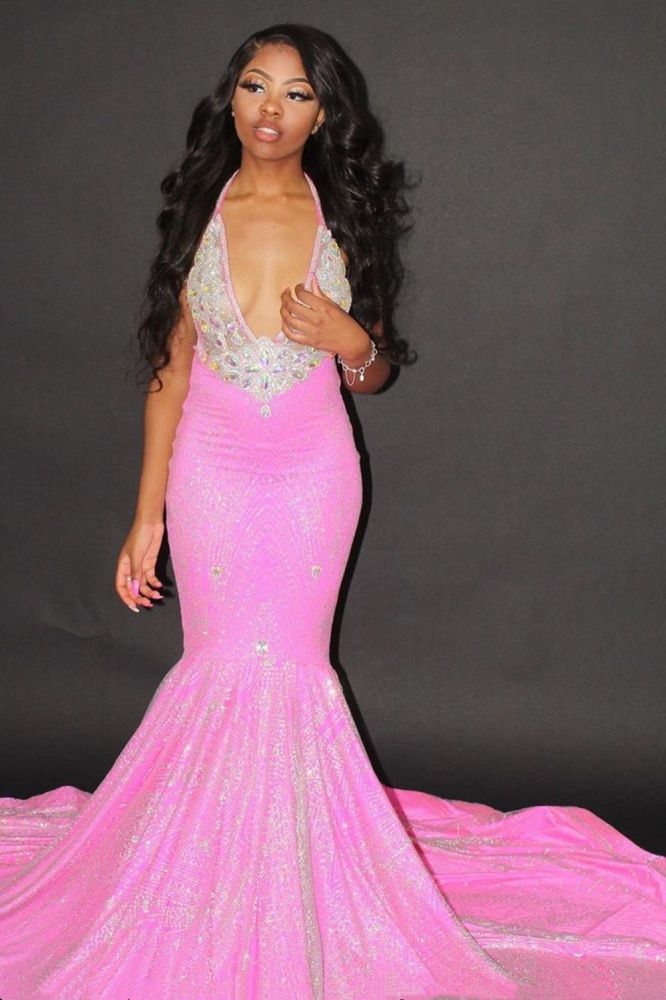 Candy Pink Sequins Halter Open Back Mermaid Prom Dress-BallBride