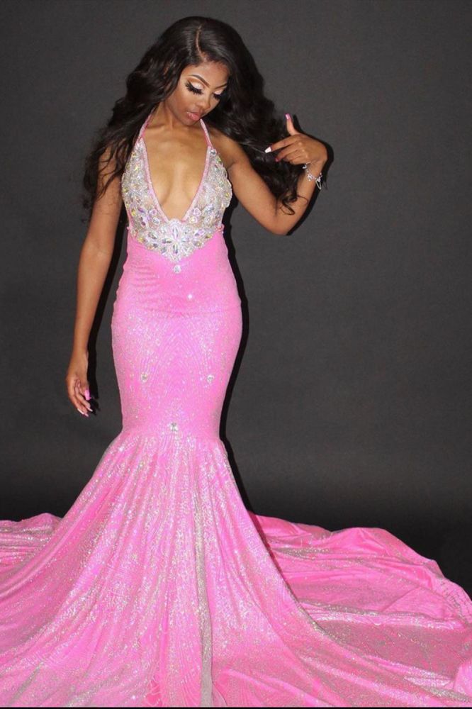 Candy Pink Sequins Halter Open Back Mermaid Prom Dress-BallBride