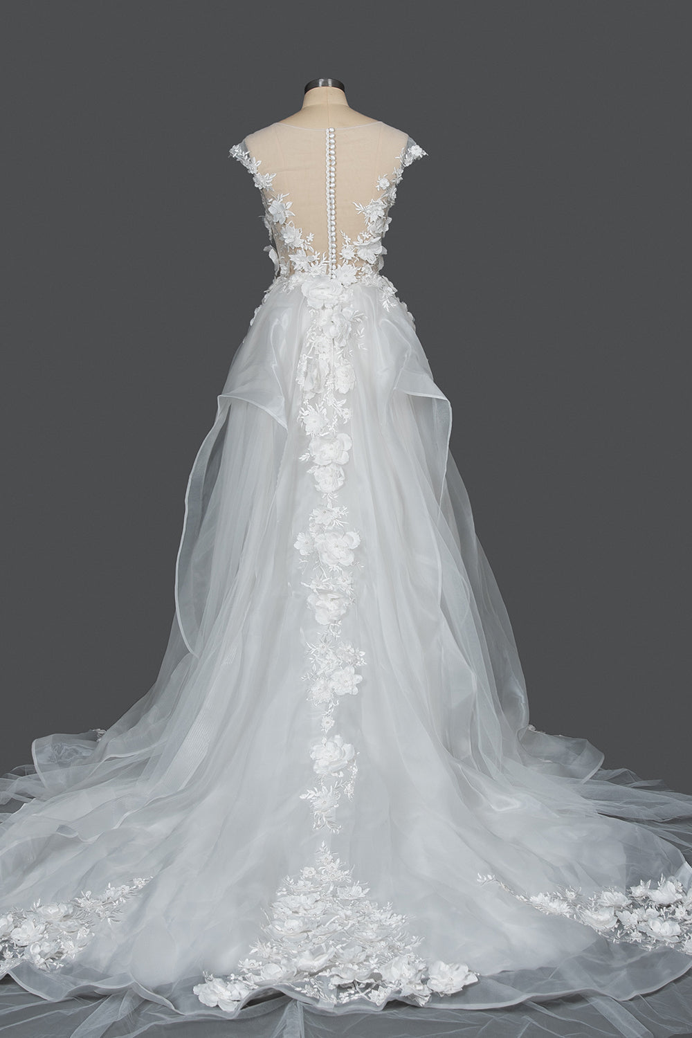 Cap Sleeve Jewel Ball Gown Wedding Dress with Floral Appliques-BallBride