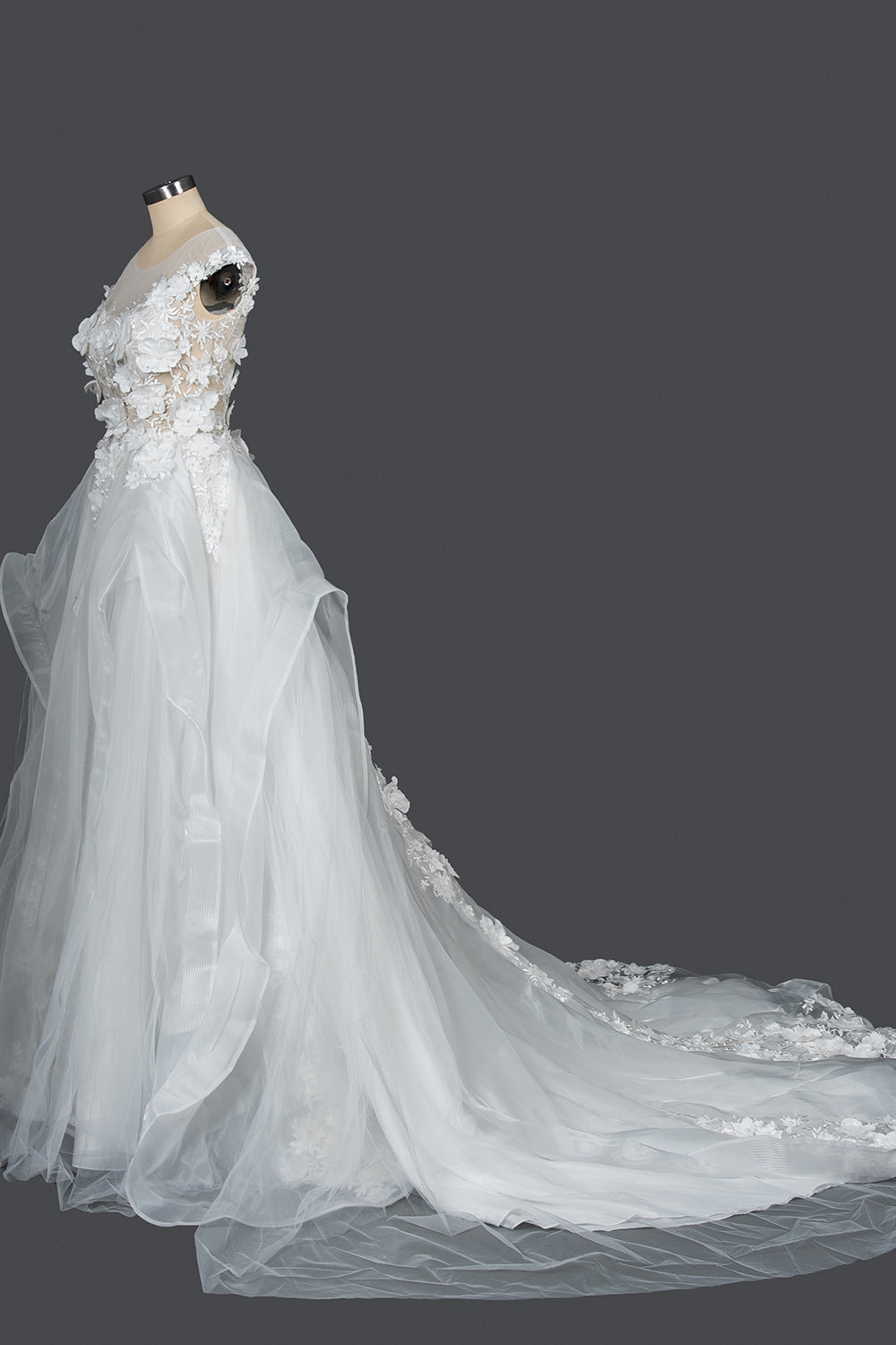 Cap Sleeve Jewel Ball Gown Wedding Dress with Floral Appliques-BallBride