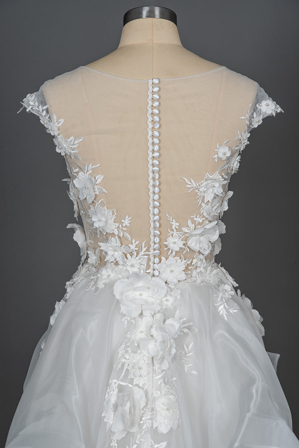 Cap Sleeve Jewel Ball Gown Wedding Dress with Floral Appliques-BallBride