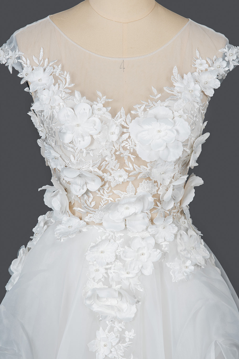 Cap Sleeve Jewel Ball Gown Wedding Dress with Floral Appliques-BallBride