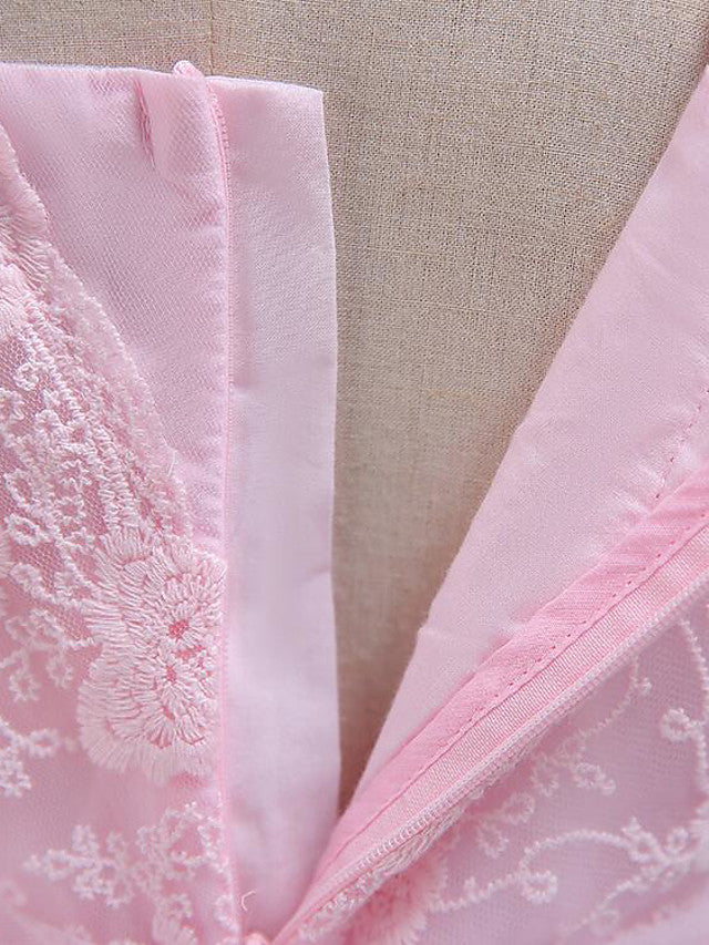 Cap Sleeve Square Neck Flower Girl Dress with Lace Tulle Cotton and Lace Belt-BallBride