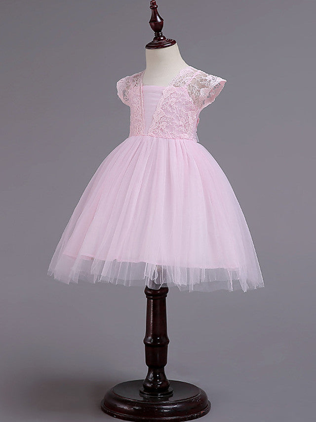 Cap Sleeve Square Neck Flower Girl Dress with Lace Tulle Cotton and Lace Belt-BallBride