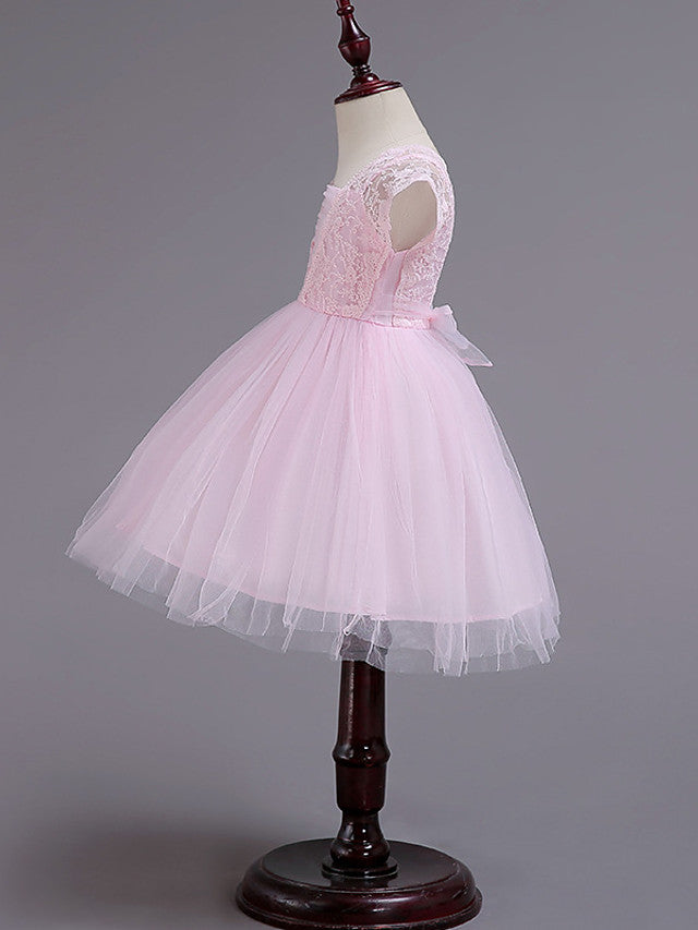 Cap Sleeve Square Neck Flower Girl Dress with Lace Tulle Cotton and Lace Belt-BallBride