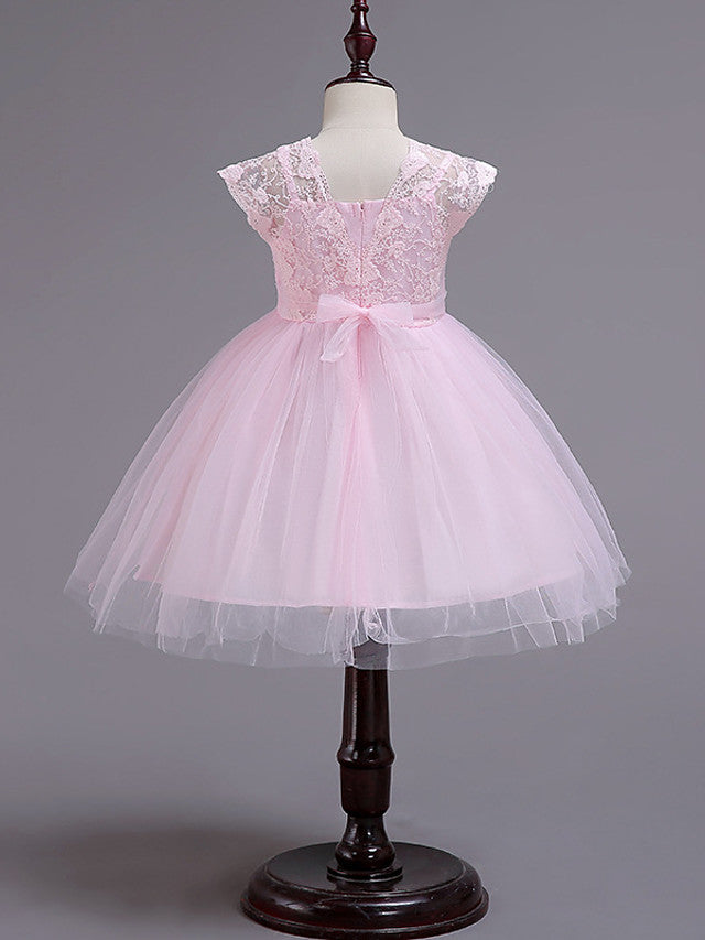 Cap Sleeve Square Neck Flower Girl Dress with Lace Tulle Cotton and Lace Belt-BallBride