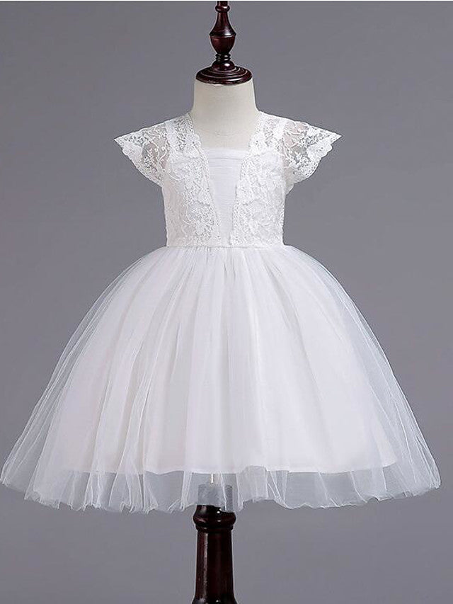 Cap Sleeve Square Neck Flower Girl Dress with Lace Tulle Cotton and Lace Belt-BallBride