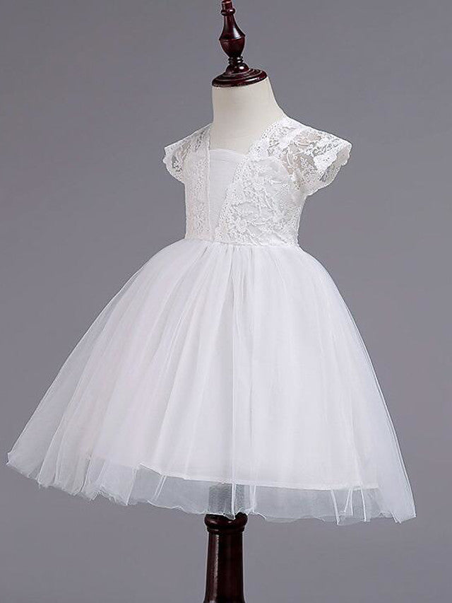 Cap Sleeve Square Neck Flower Girl Dress with Lace Tulle Cotton and Lace Belt-BallBride