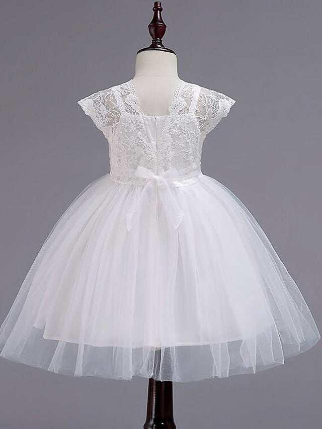 Cap Sleeve Square Neck Flower Girl Dress with Lace Tulle Cotton and Lace Belt-BallBride