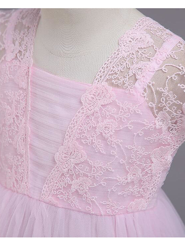 Cap Sleeve Square Neck Flower Girl Dress with Lace Tulle Cotton and Lace Belt-BallBride