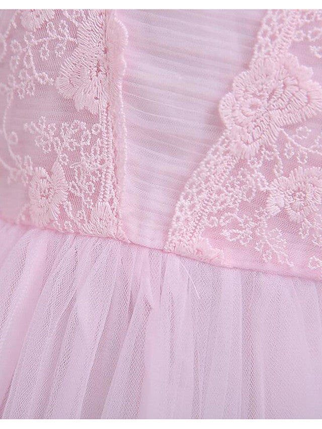 Cap Sleeve Square Neck Flower Girl Dress with Lace Tulle Cotton and Lace Belt-BallBride