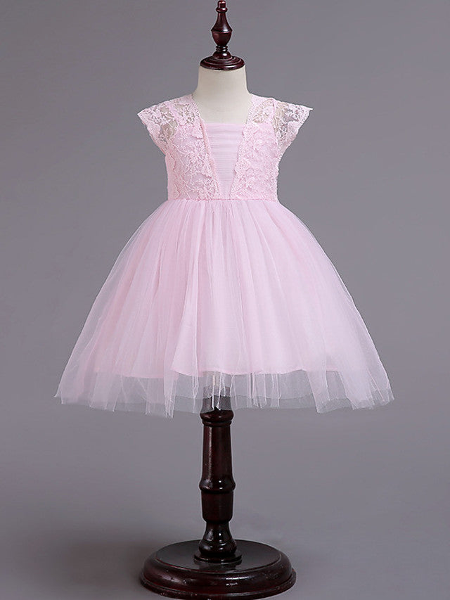 Cap Sleeve Square Neck Flower Girl Dress with Lace Tulle Cotton and Lace Belt-BallBride