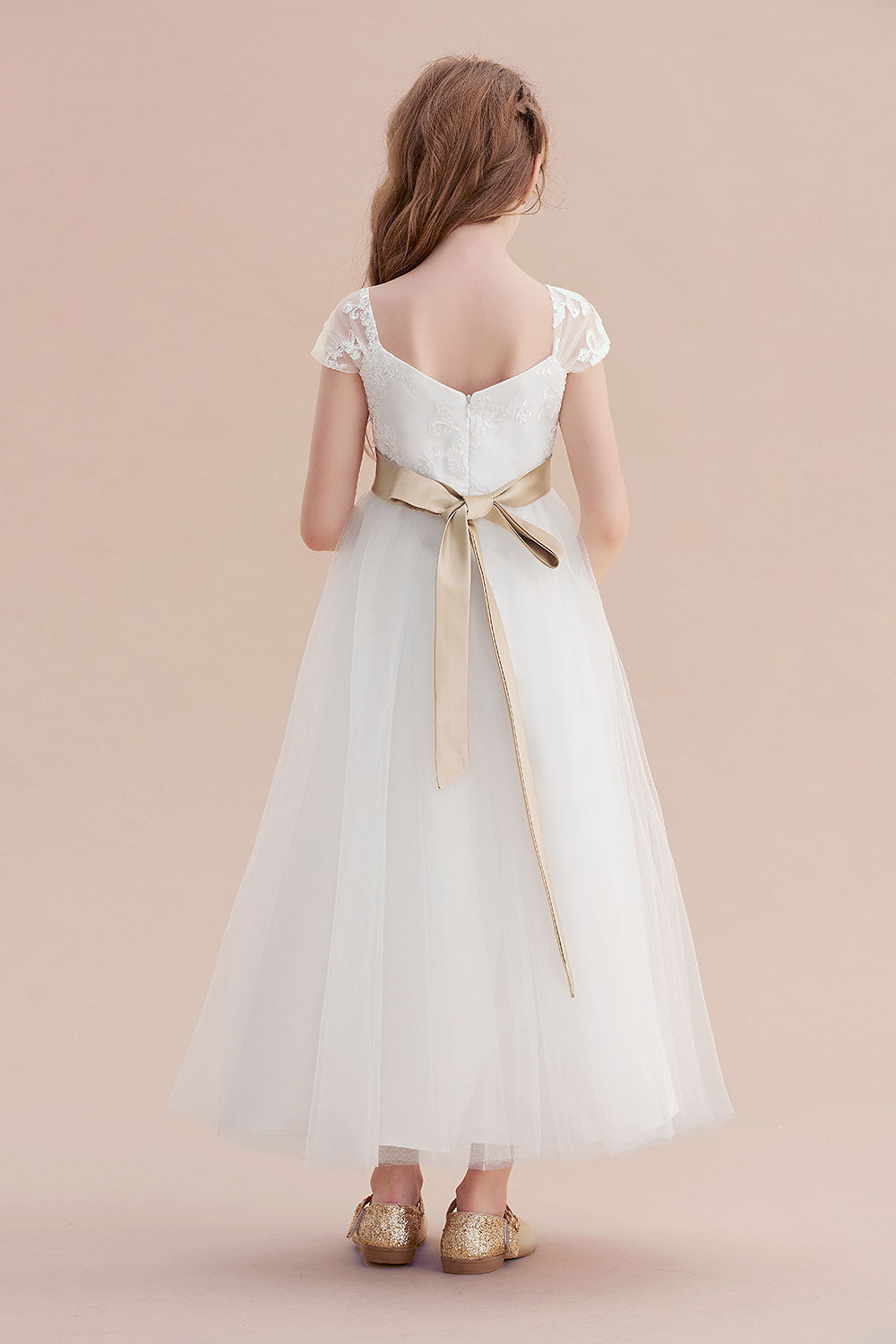 Cap Sleeve Sweetheart A-line Flower Girl Dress with Lace Ribbons and Tulle-BallBride