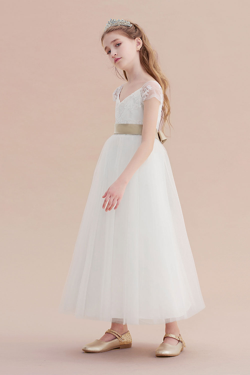 Cap Sleeve Sweetheart A-line Flower Girl Dress with Lace Ribbons and Tulle-BallBride