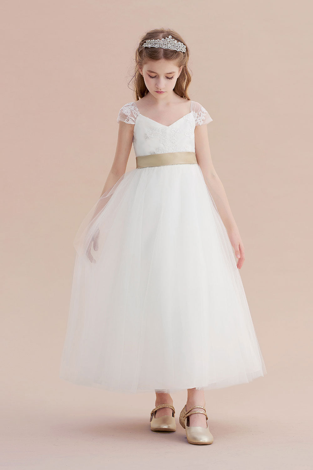 Cap Sleeve Sweetheart A-line Flower Girl Dress with Lace Ribbons and Tulle-BallBride