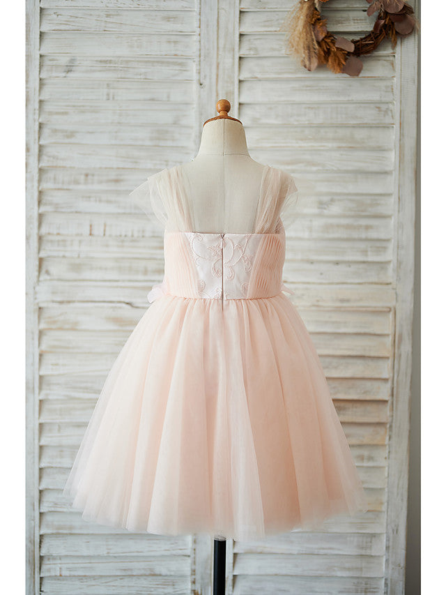 Cap Sleeve Sweetheart Ball Gown Knee Length Flower Girl Dress With Pearls and Tulle-BallBride