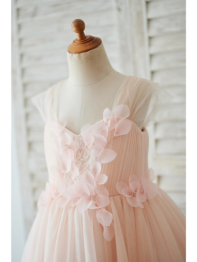 Cap Sleeve Sweetheart Ball Gown Knee Length Flower Girl Dress With Pearls and Tulle-BallBride