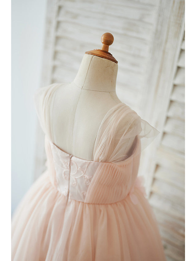Cap Sleeve Sweetheart Ball Gown Knee Length Flower Girl Dress With Pearls and Tulle-BallBride