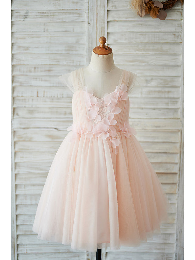 Cap Sleeve Sweetheart Ball Gown Knee Length Flower Girl Dress With Pearls and Tulle-BallBride