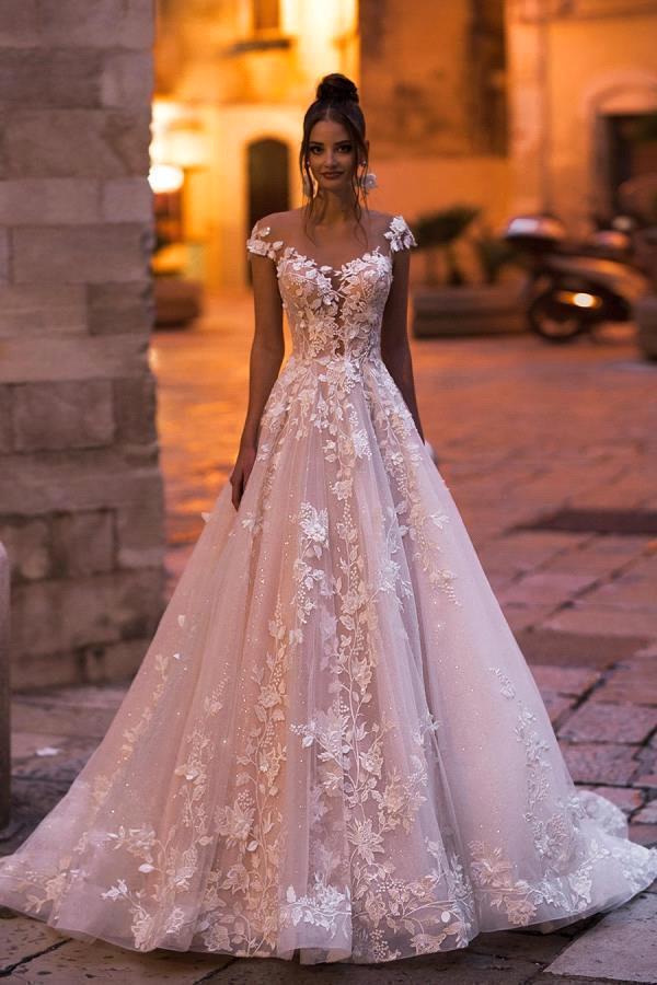 Cap sleeves Lace Sweetheart A-line Lace Flowers Wedding Dresses-BallBride