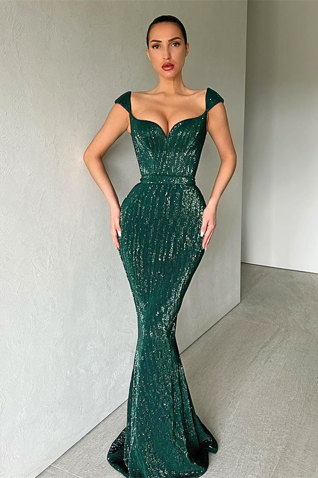 Cap Sleeves Long Mermaid Sequins Prom Dress-BallBride