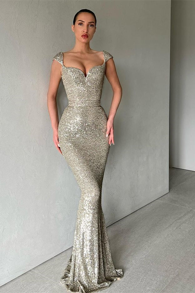 Cap Sleeves Long Mermaid Sequins Prom Dress-BallBride